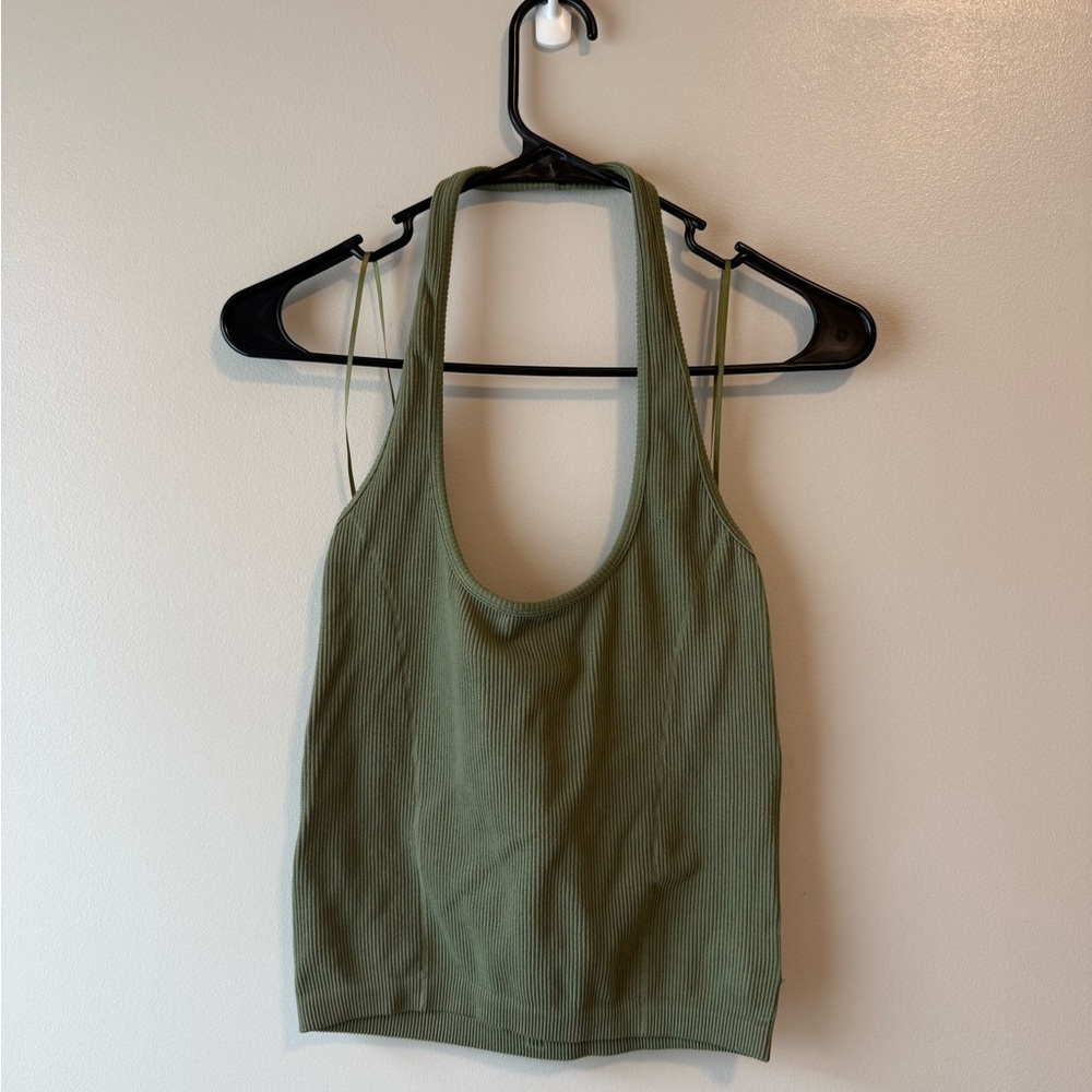 American Eagle Olive Ribbed Knit Halter Top
